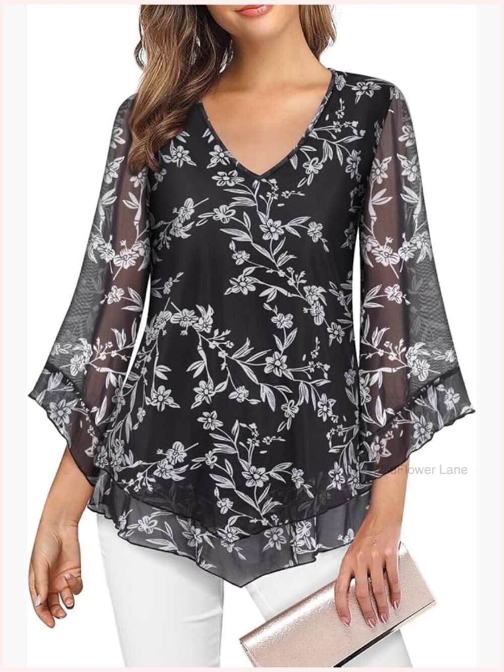 Womens Dressy Blouse Flowy Tunic 3/4 Flared Sleeve Mesh Work Top Square Neck